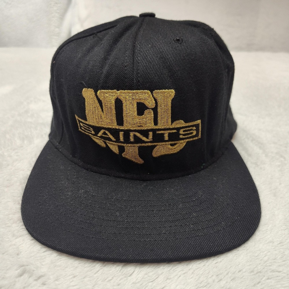 Vintage New Orleans Saints Nutmeg Mills Hat Cap Snap Back Black NFL Football